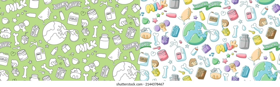 Milk doodle kids hand drawing seamless pattern set editable stroke and marker watercolor, World Milk Day 2022 concept, cartoon minimal flat design illustration on white background, copy space, vector