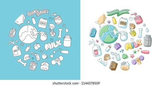 Milk doodle kids hand drawing pattern set editable stroke and marker watercolor, World Milk Day 2022 concept, cartoon minimal flat design illustration isolated on white background, copy space, vector