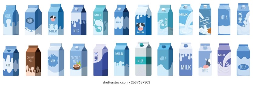 Milk drink box icons set. Collection of milk cartons showcasing diverse flavors like chocolate, coconut, and almond, alongside traditional cow s milk
