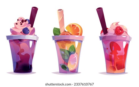 Milk drink, bubble tea and ice coffee. Cute plastic cups with cold beverages with fruit, juice, chocolate, tapioca and cream for summer cafe menu, vector cartoon set