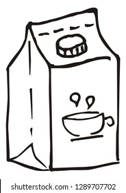 Milk drink, dairy product in a box, vector black and white illustration. Paper box with plastic closure.