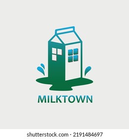 milk drink logo design with a box shape like a building