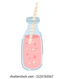 Milk drink with a straw. Delicious drink with berry flavor. Hand draw milkshake. Vector cartoon illustration isolated on the white background. 