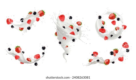 Milk drink swirl splashes with berries and cream drops, vector realistic food or cosmetics. 3d fresh strawberry, raspberry and blackcurrant fruits with flowing milk wave, circle and swirl set