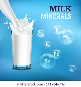 Milk drinking benefits realistic advertisement poster with pouring it into  glass and minerals symbols bubbles vector illustration 