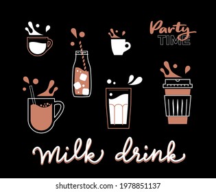 Milk drinks with chocolate and cocoa. Cups with trendy splashes. Simple vector icons set with lettering.