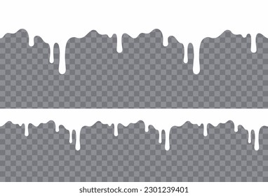 Patrón sin costuras de goteo de leche. Líquido blanco, flujo de yogur fundido o borde de onda crema sobre fondo transparente. Diseño de paquetes de salpicadura lechosa para vectores

