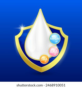 Milk drop in golden shield with Omega DHA, ARA and MFGM (Milk Fat Globule Membrane). Essential nutrients amino acids for body health. Products design supplement food. On blue background 3D Vector.