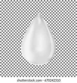 Milk drop isolated on checkered background. Transparent droplet vector illustration.