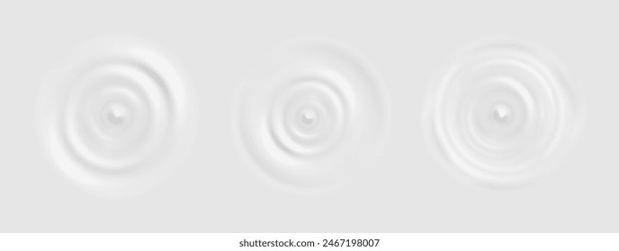 Milk drop splash wave. White water ripple set. 3d liquid circular yogurt abstract surface top view kit. Round sound motion collection. Cosmetic cream and lotion smooth ring design. Milky fluid drink