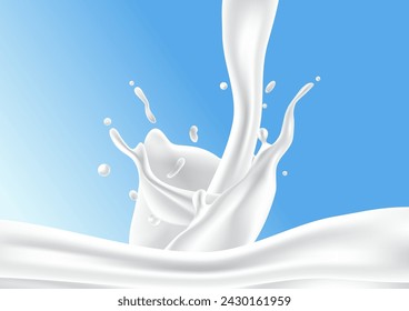 Milk drop with splashes on blue background.