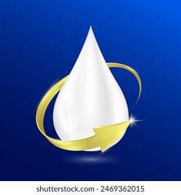 Milk drop surrounded by golden arrows on blue background. Nutrients minerals vitamins and amino acids essential body health. For products design supplement food. 3D Vector EPS10.