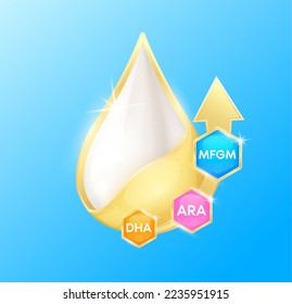 Leche gotas con flecha dorada ARA, Omega DHA y MFGM (Leche Grasa Global Membrana). En el fondo azul, aminoácidos esenciales para la salud corporal. Los productos de diseño complementan los alimentos. Vector 3D.