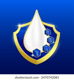 Milk droplets in gold shield on dark blue background for products design supplement food. Essential nutrients amino acids vitamins minerals strengthen the bone tooth heart and brain. Vector EPS10.