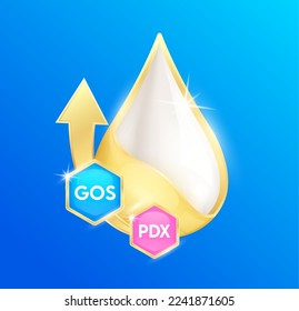 Milk droplets with GOS (Galacto oligosaccharides) PDX and golden arrow. On blue background. Essential amino acids prebiotics for body health. Products design supplement food. 3D Vector.