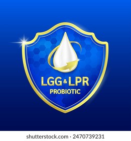 Gotitas de leche rodeadas de flechas de oro en escudo con Probiotic LPR y LGG. Nutrientes esenciales vitaminas aminoácidos para la salud del cuerpo. Productos diseñan suplementos alimenticios. Vector EPS10.