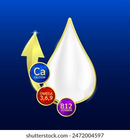 Milk droplets surrounded by gold arrows with Calcium vitamin B12 and Omega 3 6 9. Essential nutrients amino acids for body health. Products design supplement food. Vector EPS10.