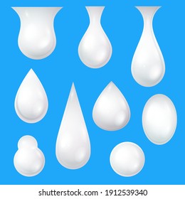 Gotas de leche. Yogur realista, gotitas blancas crema o cosmética. Mousse de cuidado de la piel, gel o loción. Conjunto vectorial de almendras o leche de coco de diferentes formas. Pintar o beber elementos aislados