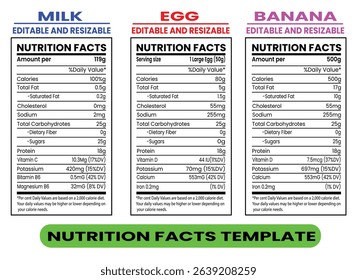 milk egg and banana nutrition facts label infographic for food packaging, diet, health, grocery, and nutrition themes
