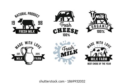 Milk emblem black set for farm products. Locally grown. Village for life. Hand-sketched typographic labels elements. Organic dairy fresh sign.