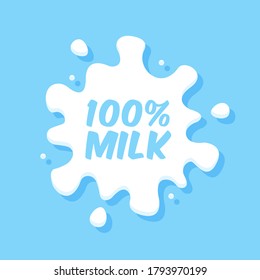Milk emblem and dairy label with splashes and blots. Vector milk stains and drops of cream. Farm fresh milk, 100 percent organik drink food.