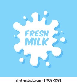 Emblema de leche y etiqueta láctea con salpicaduras y manchas. Lluvia vectorial y gotas de crema. Leche fresca de granja, 100 por ciento organk bebe comida.