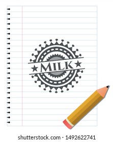 Milk emblem drawn in pencil. Vector Illustration. Detailed.