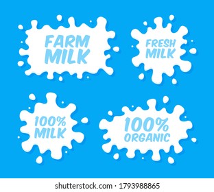 Milk emblems and dairy labels with splashes and blots. Vector milk stains and drops of cream. Farm fresh milk, 100 percent organik drink food.