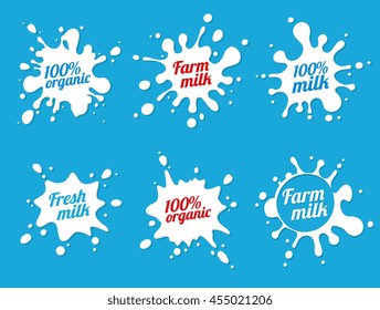 Milk emblems and dairy labels with splashes and blots. Vector milk stains and drops of cream