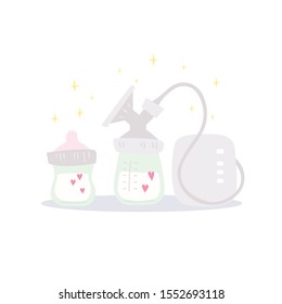 Milk expressing tools. Electric breast pump and pacifier bottle. Cartoon vector illustration