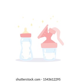 Milk expressing tools. Manual breast pump and pacifier bottle.  Cartoon vector illustration