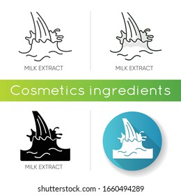 Milk extract icon. Protein source. Natural skincare. Organic treatment component. Beauty lotion. Antiaging cream. Korean beauty. Linear black and RGB color styles. Isolated vector illustrations