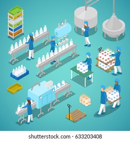 Milk Factory. Automated Production Line In Dairy Plant With Workers. Isometric Vector Flat 3d Illustration