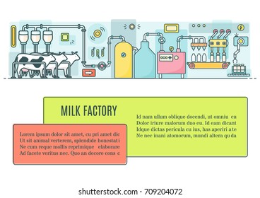 Milk factory concept vector illustration in modern thin line style for web banners, posters, flyers and printed materials. Dairy industry ad template.