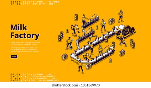 Fábrica de leche con correa transportadora, personas, productos lácteos y maquinaria automatizada. Página de aterrizaje de vectores con ilustración isométrica de la línea de producción de talleres sobre plantas lácteas
