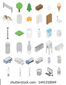 Milk factory icons set. Isometric set of milk factory vector icons for web design isolated on white background