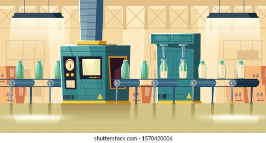 Milk factory interior, glass bottles on conveyor belt, cartoon vector illustration. Plant room with moving production line and glass packaging for dairy products on it, milk manufacture background