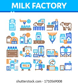 Milk Factory Product Collection Icons Set Vector. Cow And Milk In Can, Conveyor And Plant, Bottle And Package, Truck Delivery And Machine Concept Linear Pictograms. Color Illustrations