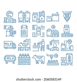 Milk Factory Product sketch icon vector. Hand drawn blue doodle line art Cow And Milk In Can, Conveyor And Plant, Bottle And Package, Truck Delivery And Machine Illustrations