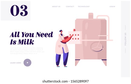 Milk Factory Production Website Landing Page. Industrial Worker Machinery Technology, Manufacture, Industry. Technologist near Pasteurization Tank Web Page Banner. Cartoon Flat Vector Illustration