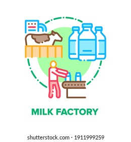 Milk Factory Vector Icon Concept. Plant Employee Working On Conveyor And Packaging Or Examining Product Bottles, Cow Animal Milk Production, Industrial Equipment Color Illustration