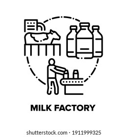 Milk Factory Vector Icon Concept. Plant Employee Working On Conveyor And Packaging Or Examining Product Bottles, Cow Animal Milk Production, Industrial Equipment Black Illustration