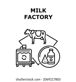 Milk Factory Vector Icon Concept. Milk Factory Raising Cow Farm Animal And Producing Cheese And Yogurt Dairy Product. Vitamin Natural Milky Food And Drink Manufacturing Black Illustration