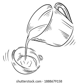 Milk falling from jug into cup of coffee. Vector hand drawn black sketch illustration isolated on white background.