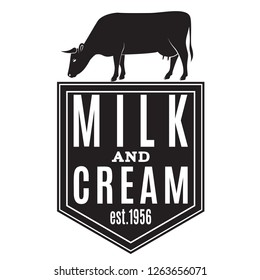 Milk Farm Badge or Label. Vintage typography design with cow silhouette. Elements on the theme of the milk farming business.