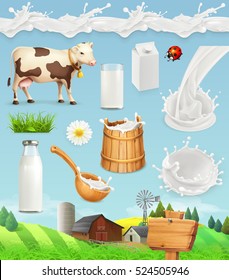 Milk and farm. Bottle, glass, spoon, bucket. Drops seamless pattern. Natural dairy products. 3d vector icon set