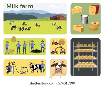 Milk farm. Collection of vector illustrations for infographics