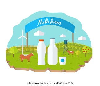 Milk farm concept banner vector flat design. Organic farming, traditional products. Clean naturally produced food. Bottle and glass of milk with animals, fields, garden, banner on background.
