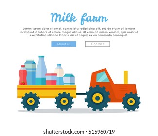 Milk farm concept banner vector flat design. Tractor driven truck with dairy products. Organic farming, traditional products. Clean naturally produced food. Vector illustration in flat style