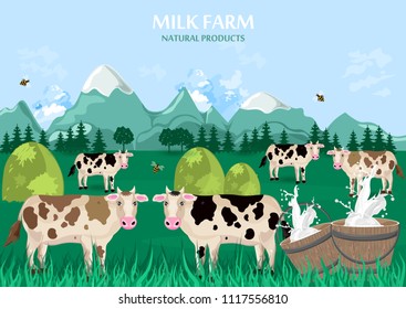 Milk farm concept. Cows green field background. Vector